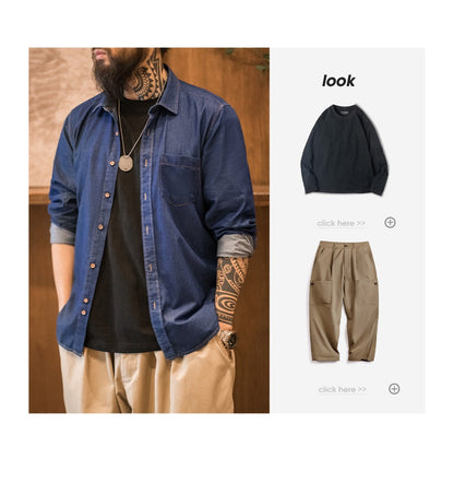 Maden Men Vintage Single Pocket Workwear Denim Shirt Long Sleeved Slim Fit Casual Shirt Single Breasted Turn-Down Collar Blouse