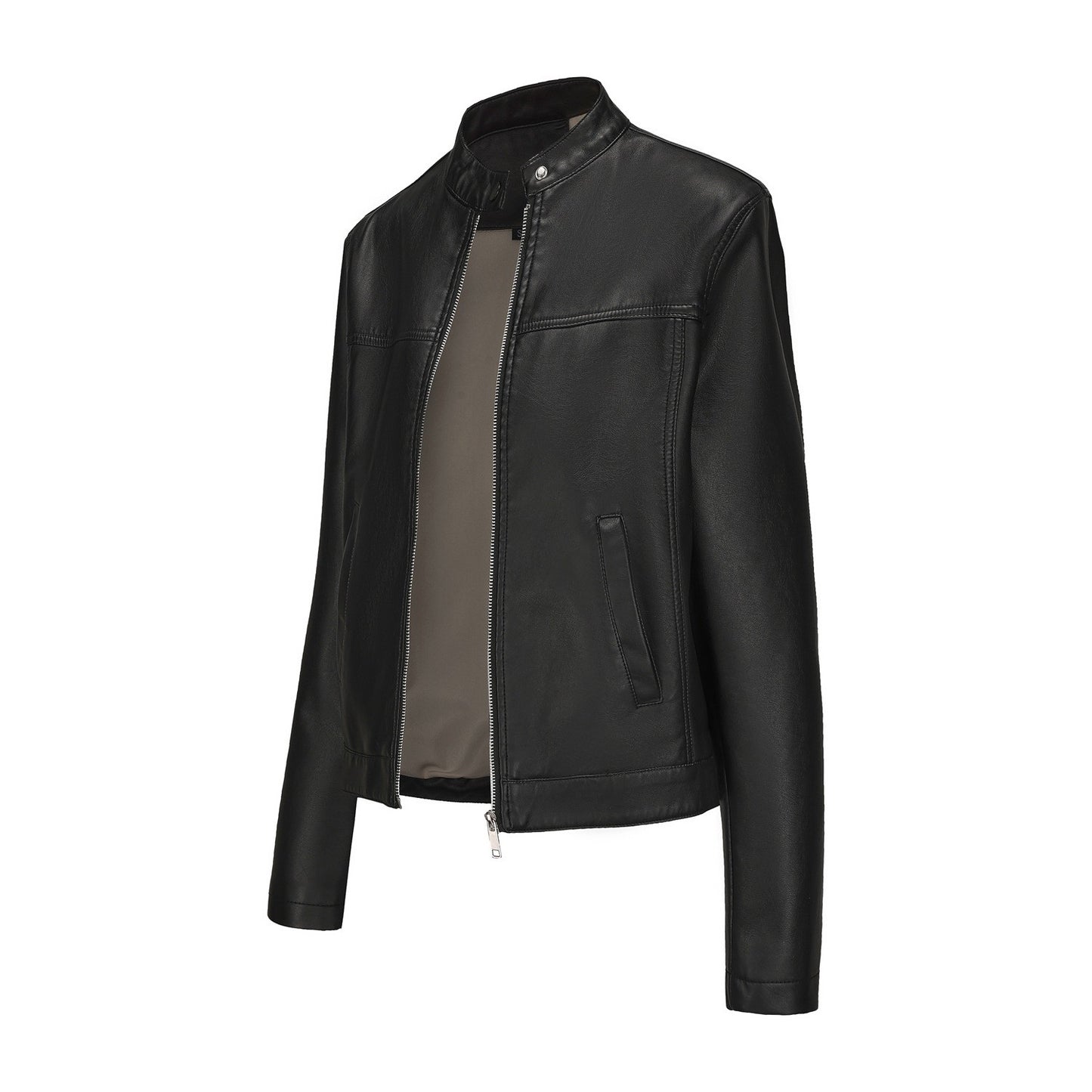 Black Women's Fitted Leather Jacket with Front Zipper & Side Pockets?, Available in Brown, Navy Blue, and Beige.