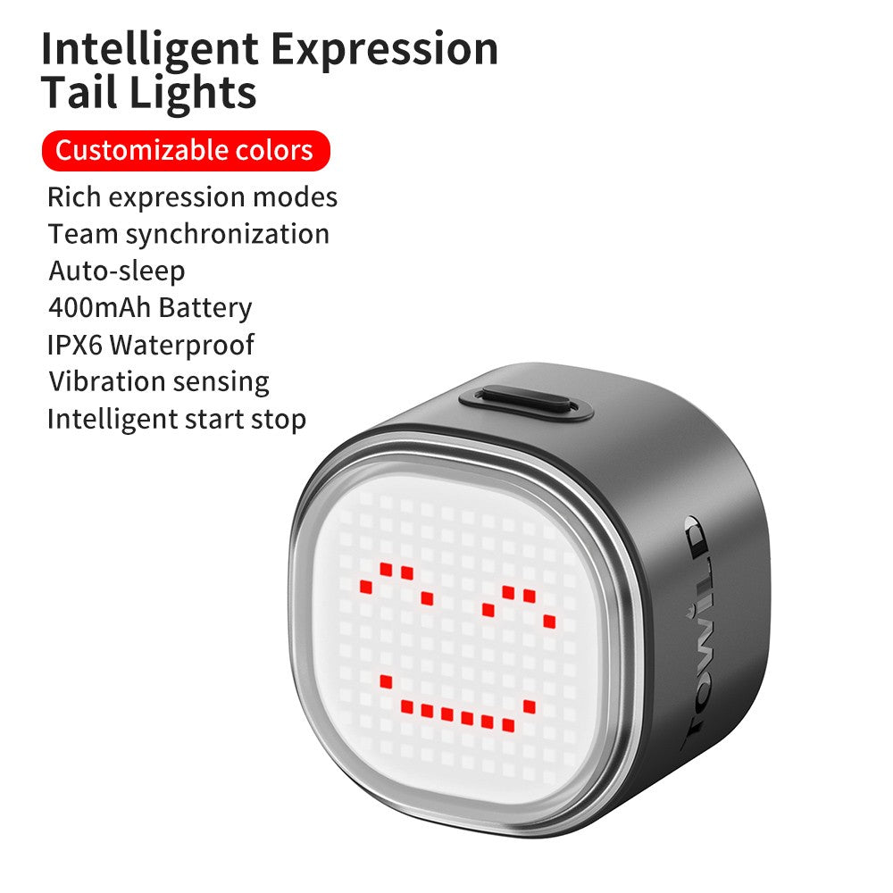 TOWILD TL08 Luz traseira com expressão inteligente 140 LEDs Sensor de frenagem Bluetooth Luz traseira de bicicleta personalizável
