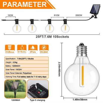 G40 Outdoor Solar String Light Garland LED Solar String Lights 24V Globe Waterproof Hanging Lights for Garden Backyard Cafe