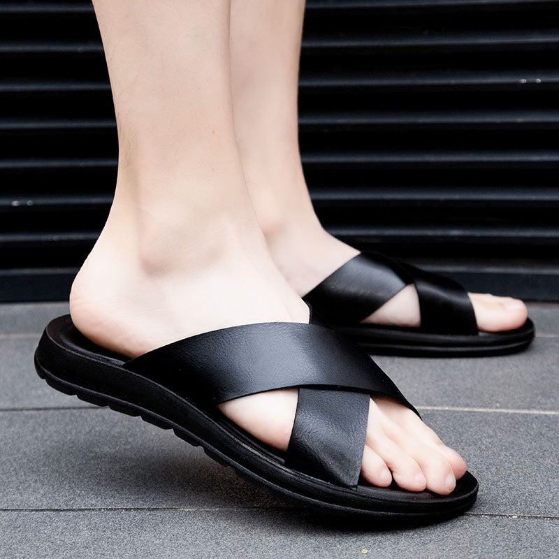 New Arrivals Italian Leather Slippers for Men Summer Hotel Beach High Quality Slip on Light Flats Male Flip Flops Big Size 38-47