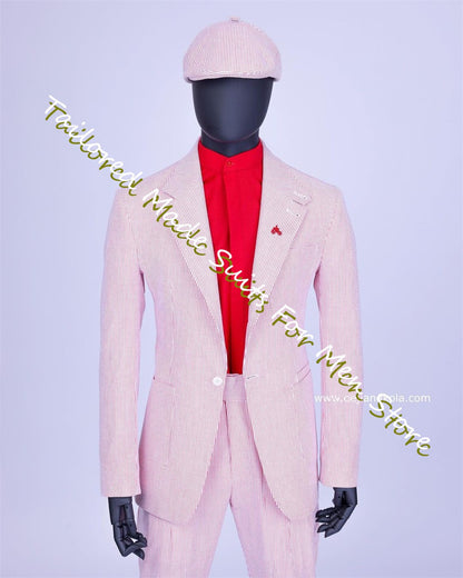 Summer Men'S Blazer Pink Seersucker Prom Dresses Slim Fit Men'S Suit Male Set 2 Pieces High Quality Luxury Jackets Trousers