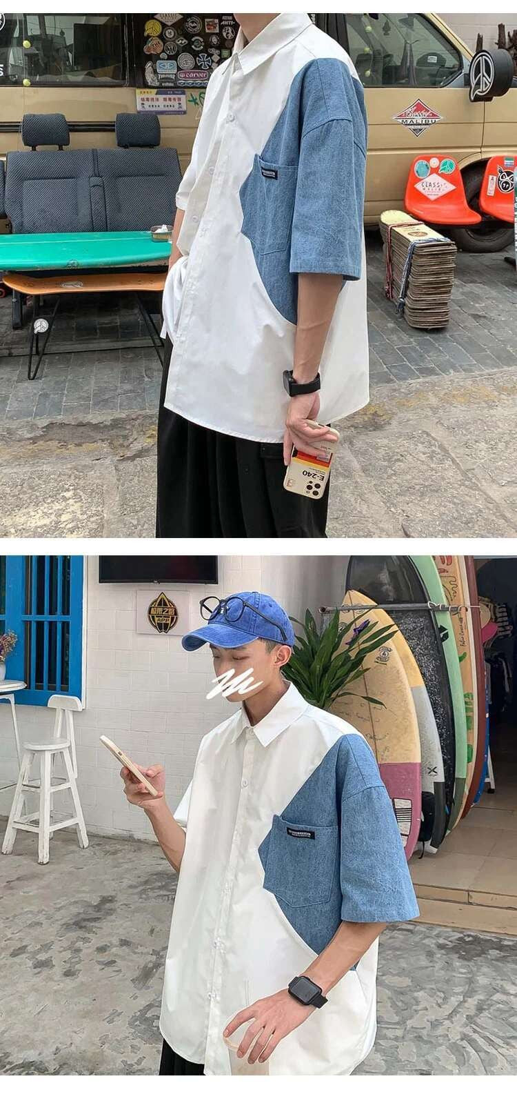 2025 Summer Streetwear Men Short Sleeve Irregular Patchwork Denim Shirt Male Tops Daily Casual Pocket Blouses Unisex Clothes