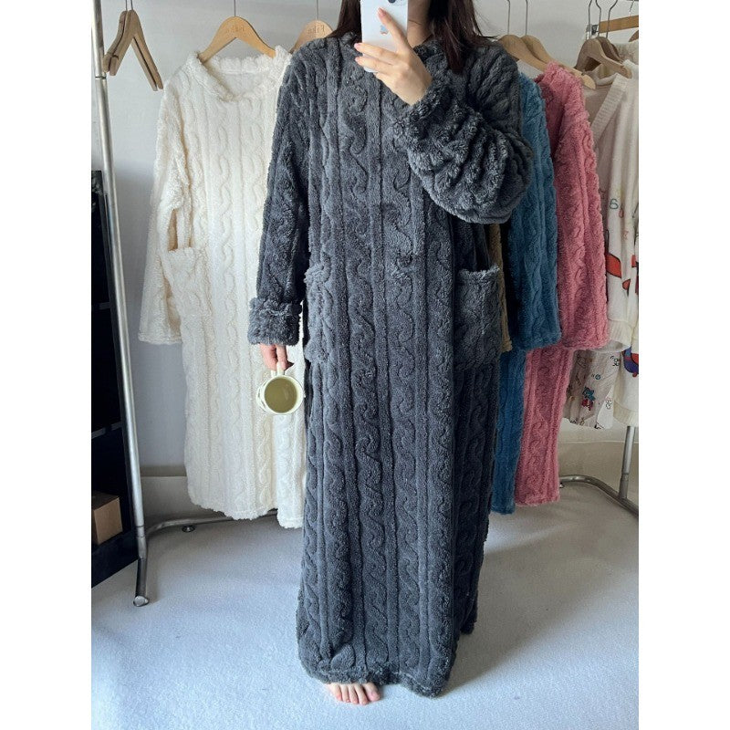 Thickened Warm Bathrobe Women Coral Velvet Padded Pajamas Dress Winter College Student Homewear Plus Size Ladies Striped
