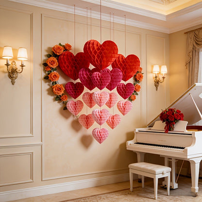 10 pcs Valentine's Day heart-shaped paper felt balls, party hanging ornaments, - red and pink honeycomb balls, wedding, birthday