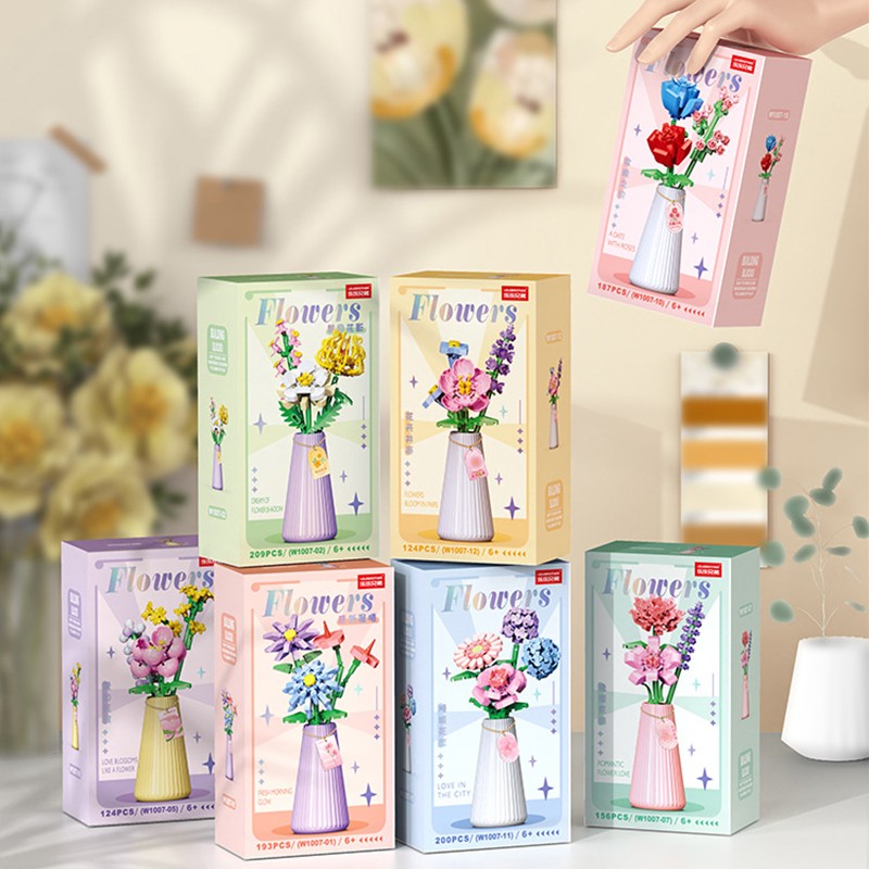 Flower Bouquet Building Blocks with Vase DIY Rose Sunflower Mini Bricks for Kids Birthday Party Favors Girls Gift Desktop Decor