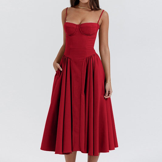 Summer Women Elegant Sleeveless Backless Pleated Dresses Lady Sexy Solid Sling M