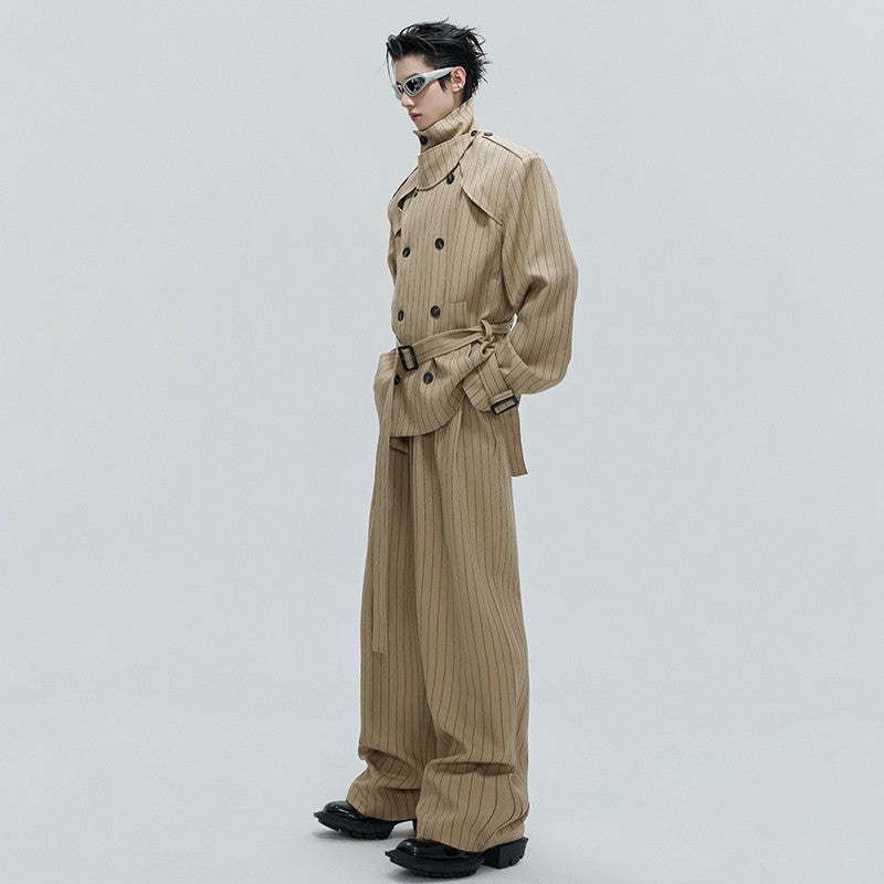 LUZHEN Fashion Stripe Printed Stand Neck Double Breasted Male Coat 2025 Autumn New Handsome Straight Casual Trousers Men JY4780