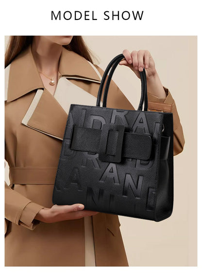 Aidrani women's large capacity handbag with letter print design, made of cowhide material, black