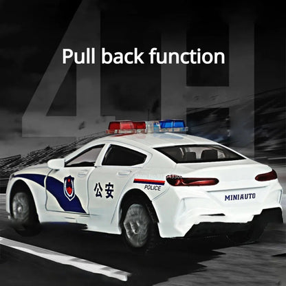 1:32 Scale M8 Competition Police Car Model Toy Alloy Diecast Shock Absorption Miniature Vehicles Models for Kids Presents