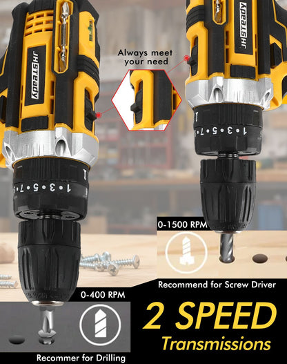 Furadeira Parafusadeira a Bateria 48V - 25+3 Níveis de Torque, Motor Brushless, 1500RPM, 2 Baterias, Luz LED, Conjunto Completo de Furadeira e