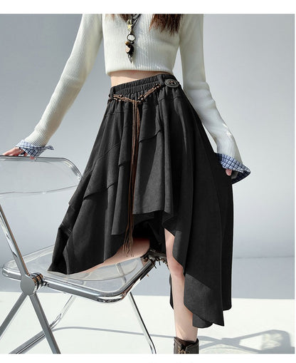 Caramel Suede Half-length Skirt Women's Autumn Winter New Irregular Belt Slim A- Line Midi Umbrella Skirt Comfortable Casual S .