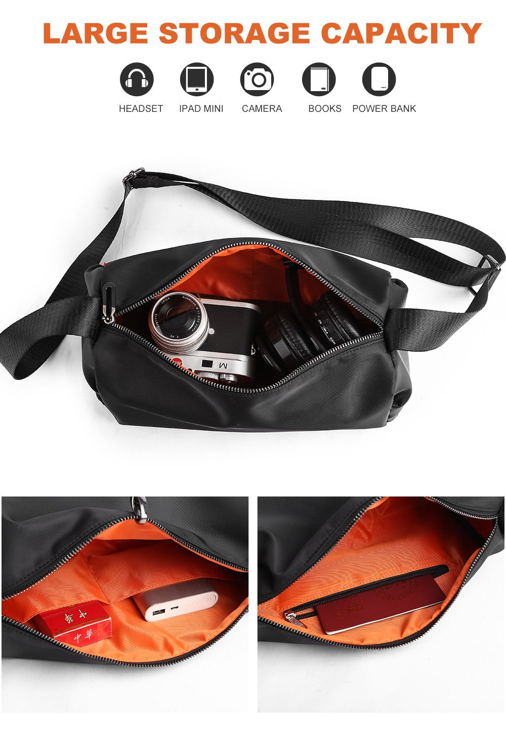 Men's Trendy Messenger Shoulder Bag Student Sports Waterproof Crossbody Sling Bags Leisure Design for Outdoor Solid Lightweight