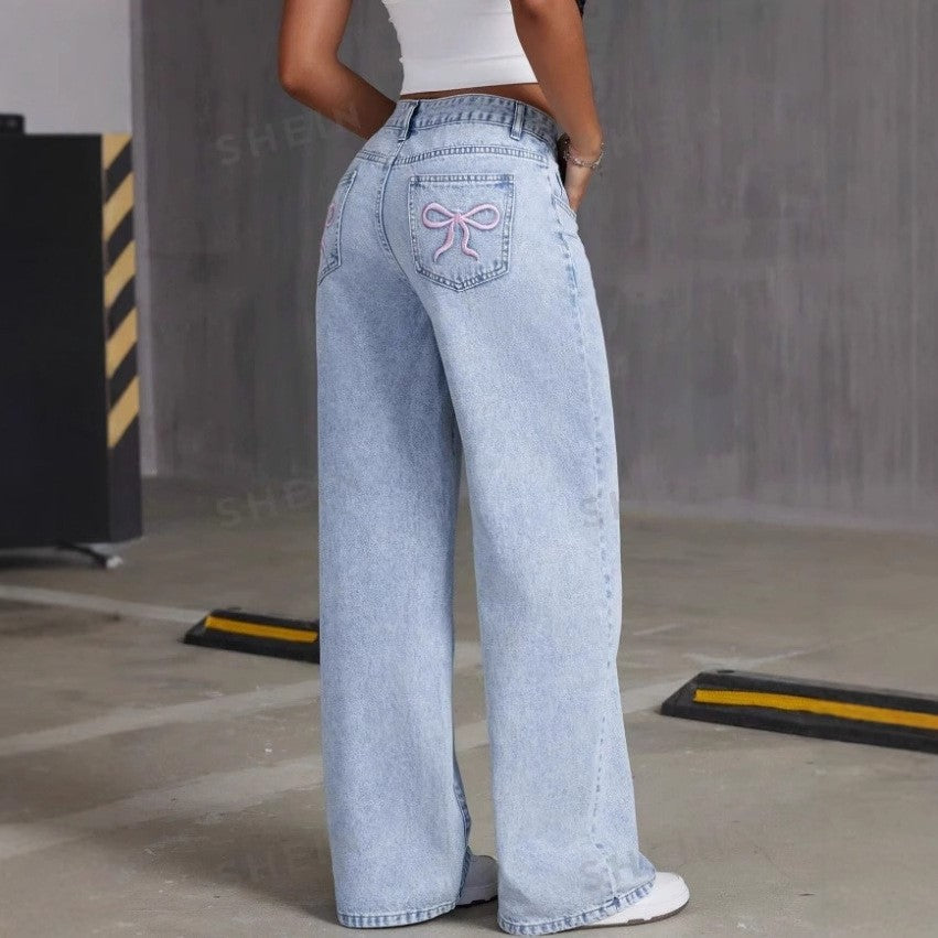 Bow Embroidered Jeans Women's Sweet Spicy Style High Waist Straight Leg Pants Loose Casual Wash High Street Denim Pants