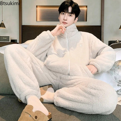 New Men's High Neck Large Size Loose Plush Loungewear Autumn and Winter Thick Warm Flannel Pajamas Can Worn Outside Coral Fleece