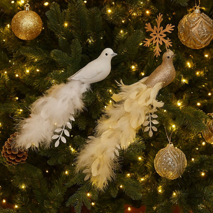 Long Tail Christmas Peacock Ornaments Realistic Glimmering Feather Peacock Bird Figurine Handmade with Clip Christmas Tree Decor