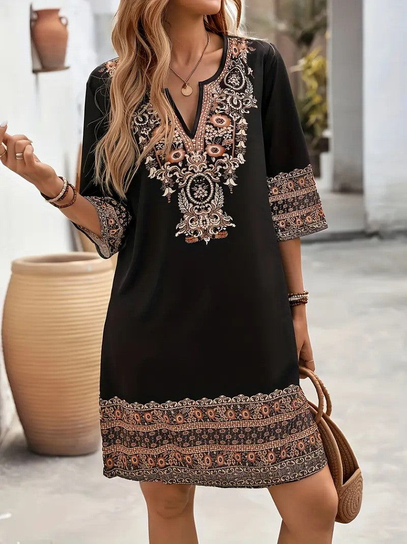 Women's Clothes Casual print Short Sleeve V-Neck Waist Cinched Dress summer vintage New Female Fashion Loose Mini Dresses 2025