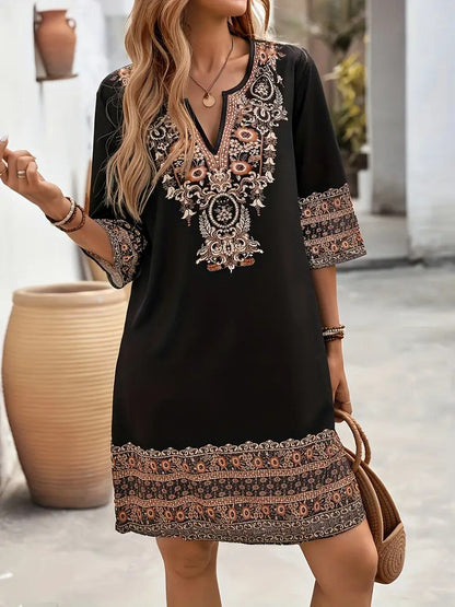 Women's Clothes Casual print Short Sleeve V-Neck Waist Cinched Dress summer vintage New Female Fashion Loose Mini Dresses 2025