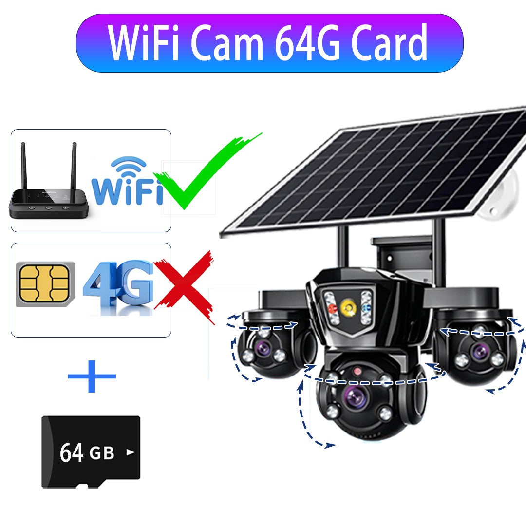 V380 Pro WiFi Wireless Solar Camera 4G Sim Card Three Screen Outdoor Solaire CCTV Three Lens Battery 360 Solar Security Cameras