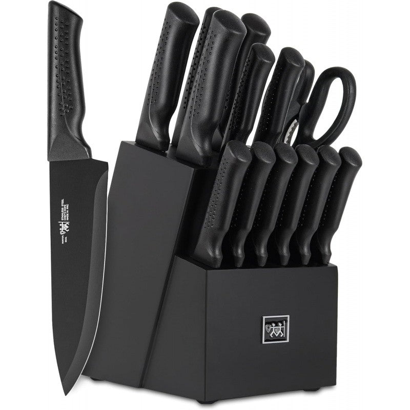 Conjunto de Facas, 15 Peças Conjunto de Facas de Cozinha com Bloco Autoafiável, Lavável na Lava-louças, 6 Facas de Carne, Cabo Antiderrapante, Preto