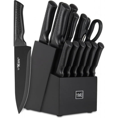 Conjunto de Facas, 15 Peças Conjunto de Facas de Cozinha com Bloco Autoafiável, Lavável na Lava-louças, 6 Facas de Carne, Cabo Antiderrapante, Preto