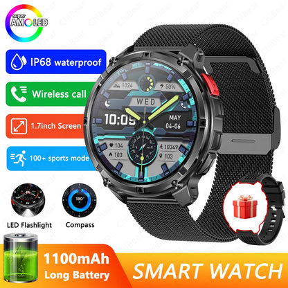 Relógio Inteligente Militar para Homens, Bateria de 1100mAh, Bússola, Monitor de Fitness, Tela AMOLED HD, Chamada BT, Smartwatch para Android IOS