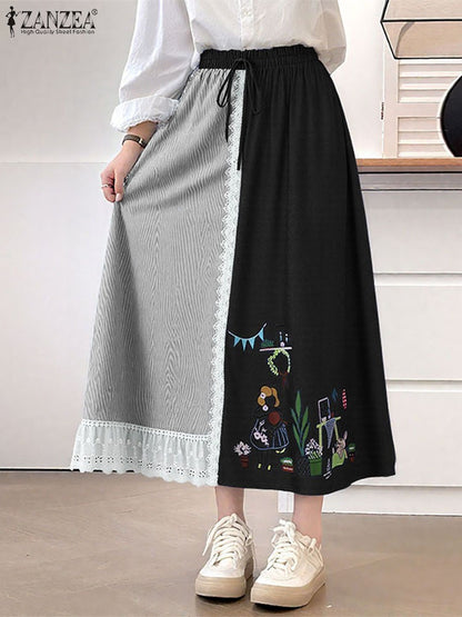 ZANZEA Plus Size Women Skirts Denin-Like Striped Patchwork Lace Trim Detail Lace-Up Elastic Waist A-Line Midi Skirt Casual Chic
