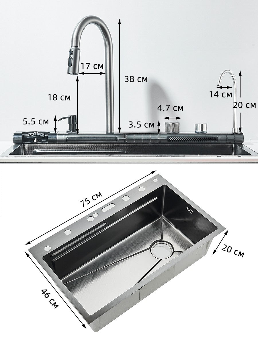 304 Stainless Steel Kitchen Sink Double Waterfall Single Slot Integrated Digital Display Faucet Set Soap dispenser Cup Washer