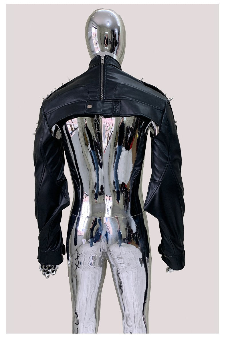 Mauroicardi Cool Black Cropped Pu Leather Jacket Men Rivet Shoulder Pads Zip Up Short Luxury Punk Style Clothes European Fashion