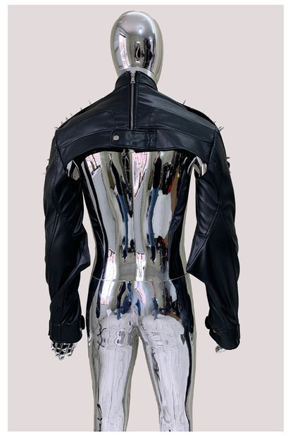 Mauroicardi Cool Black Cropped Pu Leather Jacket Men Rivet Shoulder Pads Zip Up Short Luxury Punk Style Clothes European Fashion