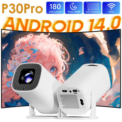 HONGTOP Android 14 P30PRO Supports 720p Screen Mirroring Smart Projector 4K WiFi6 Smart Home Theater Outdoor Portable Projector