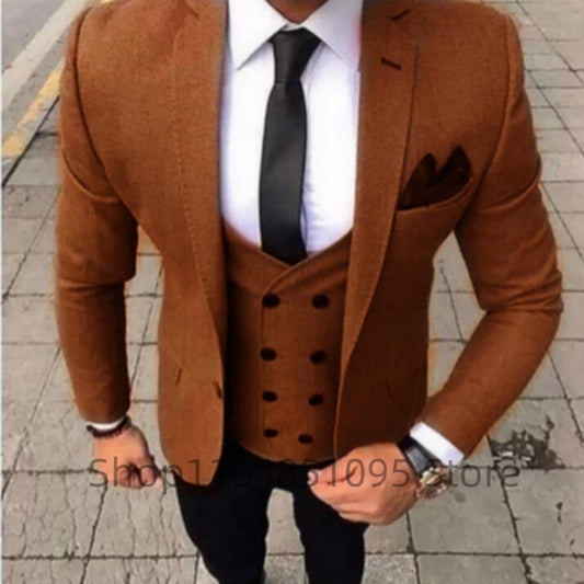 Fashionable brown suit set Suitable for formal occasions such as dinner parties, weddings, and business events. Three pieces, id
