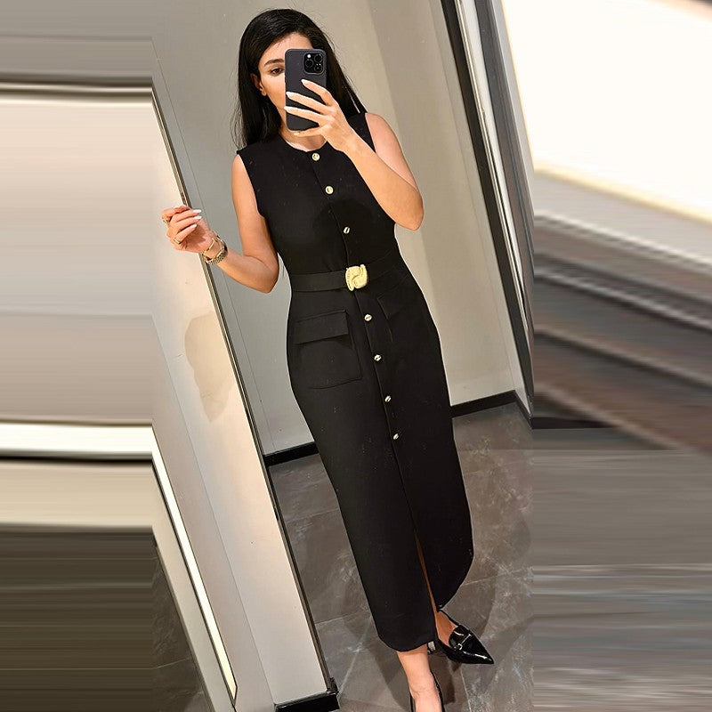 HXAO Womens Black Dresses Belt Long Dresses Summer 2025 Casual Women's Dresses M