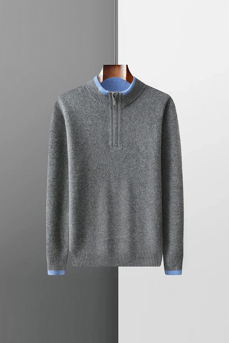 New Men Knitted Half Zipper Style Pullover Pure Australian Wool Sweater Splicing Edge Decoration High quality Thicken Warm Tops