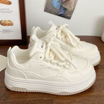 Round-toe Lace-up Casual White Thick-soled Vulcanized Shoes Seasonal New Comfortable Flat-soled Fashion Sneakers