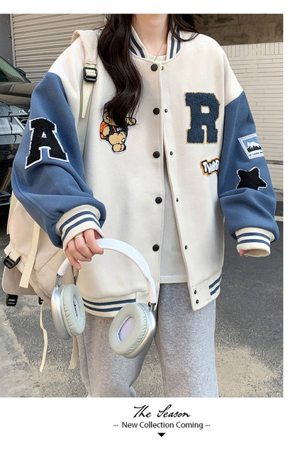 New Autumn and Winter Padded Baseball Jersey Women American Retro Loose Sweater Women Jacket