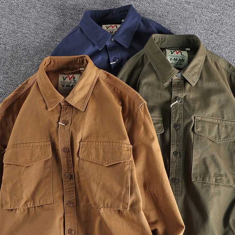 Spring New Japanese Retro Long-Sleeve Lapel Woven Cargo Shirt Men's Simple 100% Cotton Washed Double Pocket Casual Youth Blouses