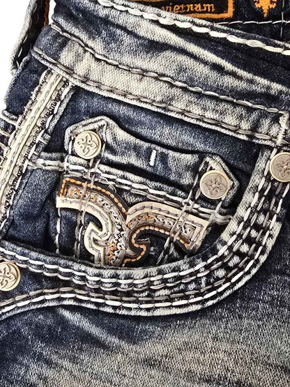 Rock Retro Boot Jeans Blue Leather Inserts Men Women Pocket Embroidery Denim Pants Y2k Gothic Low Waist Wide Leg Straight Jeans