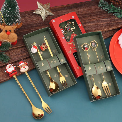 Warm Christmas Gift! Creative Santa Doll Dessert Spoon Fork 2-Piece Set Portable Tableware in Gift Box Sweet Surprise Friends
