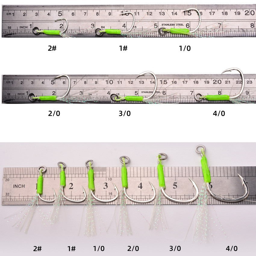 Anzóis Jig Assist 5 Peças, Linha de Aço Inoxidável de Alta Resistência, Tubo Luminoso, Pena, Anel Sólido, Anzol de Jigging, Anzóis de Pesca de Barco