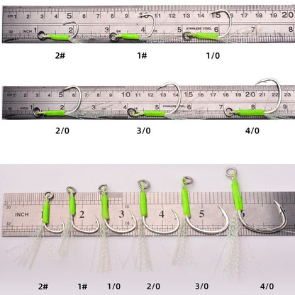 Anzóis Jig Assist 5 Peças, Linha de Aço Inoxidável de Alta Resistência, Tubo Luminoso, Pena, Anel Sólido, Anzol de Jigging, Anzóis de Pesca de Barco