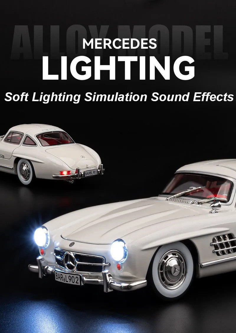 1:24 300SL W140 Carro de Brinquedo Modelo de Liga Fundido com Luz e Som, Carroceria Aberta, Modelos em Miniatura, Brinquedos Clássicos de Presente para Meninos
