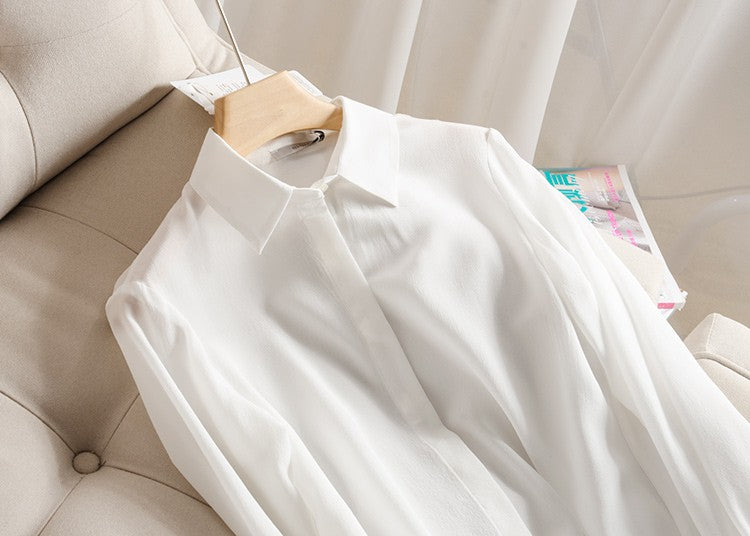 2025 Spring New Women's Silk Shirt Women's Long Sleeve 100% Mulberry Silk Blouse 16 MM White-collar OL Style Shirts For Women