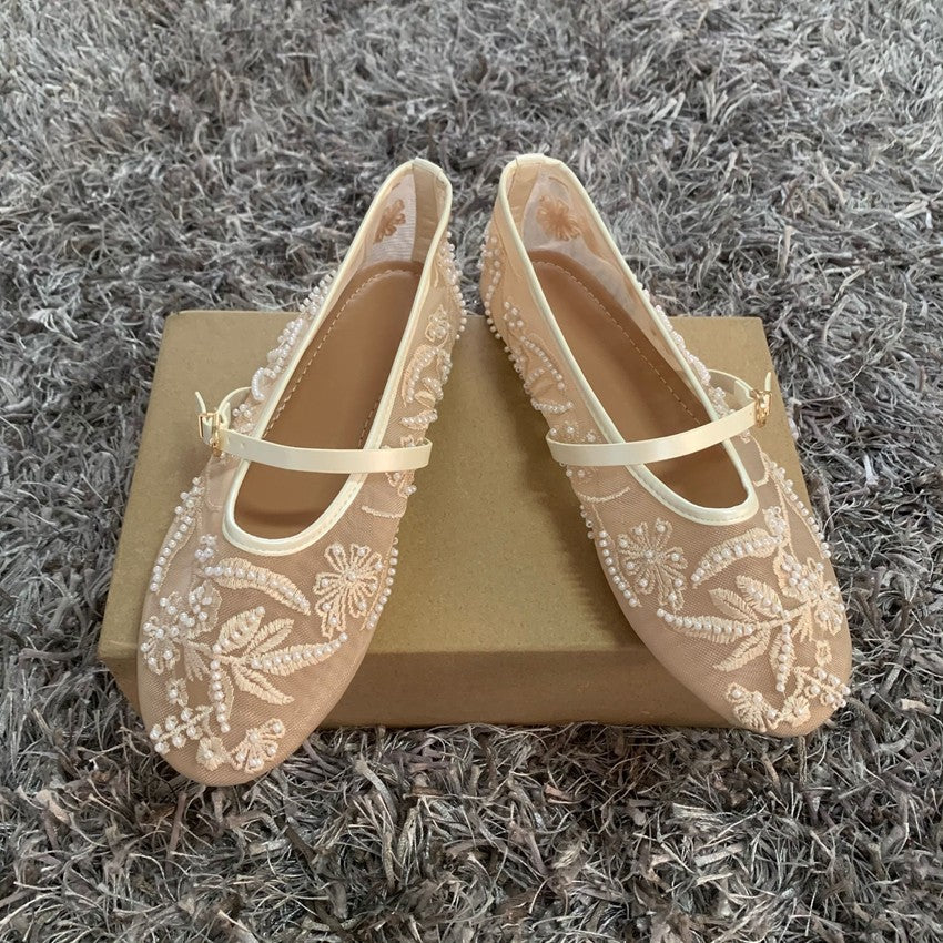 Embroidery Pearl Mesh Ballet Flats Women Fashion Hollow Round Toe Flat Sandals Elegant Comfortable Belt Buckle Mary Jane Shoes