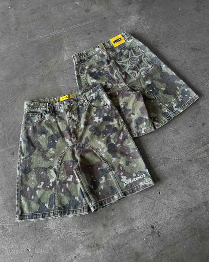 Retro Leaves Camouflage Denim Shorts Y2K Jeans Men Hip Hop Lettering Embroidery Retro Baggy Shorts Low Waist Over The Knee Pants