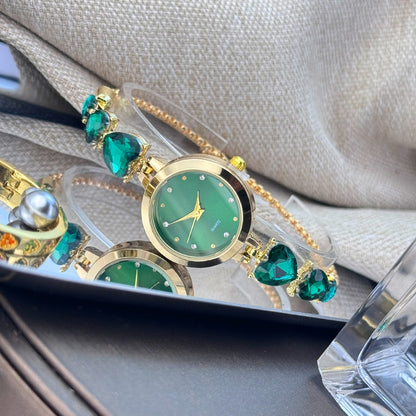 Ladies' quartz watch with three heart-shaped diamond-encrusted bracelet round alloy case and mixed scale simple light luxury