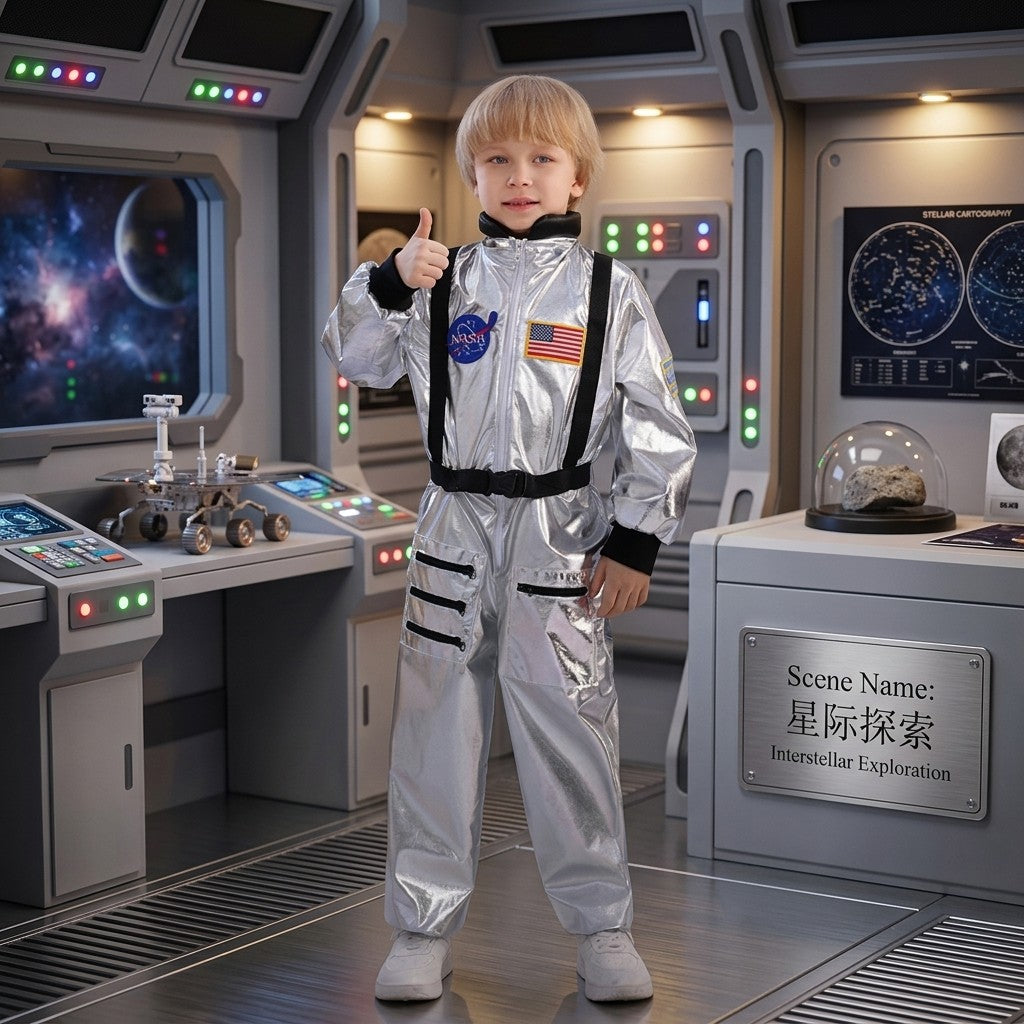 Halloween Space Suit Jumpsuit Cosmic Astronaut Costume Metallic Silver Unisex Family Party Dress Up