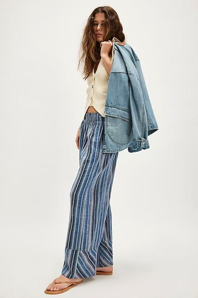 Fashion Printed Striped Wide-leg Long Pants Women's New Spring Autumn Loose Casual High-waisted Slimming Beach Long Pants Female