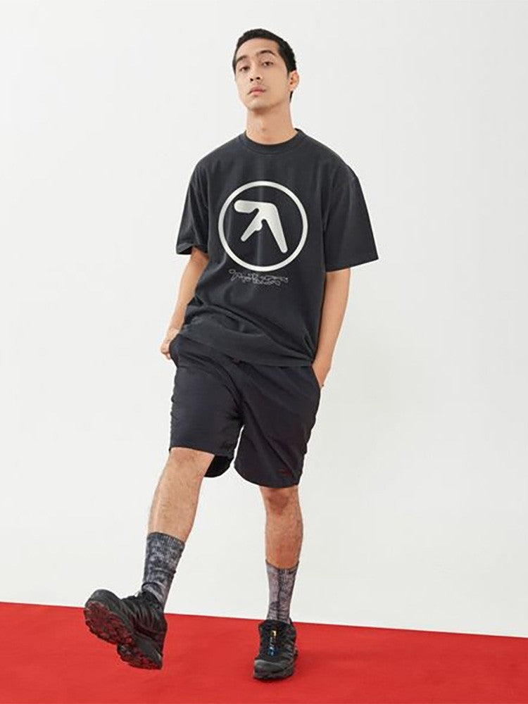 Men T-Shirt Aphex Twin Washed Black Print Cotton Graphic Oversized Korean Fashion Short Sleeve Tops Tees Y2k Streetwear Clothing
