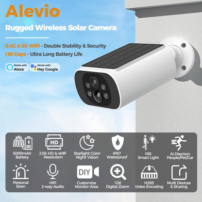 ALEVIO 2.5K Outdoor Solar Camera Wireless Cam WIFI Ultra Standby Time PIR Motion Light Color Night Vision AI Detect Battery Cam